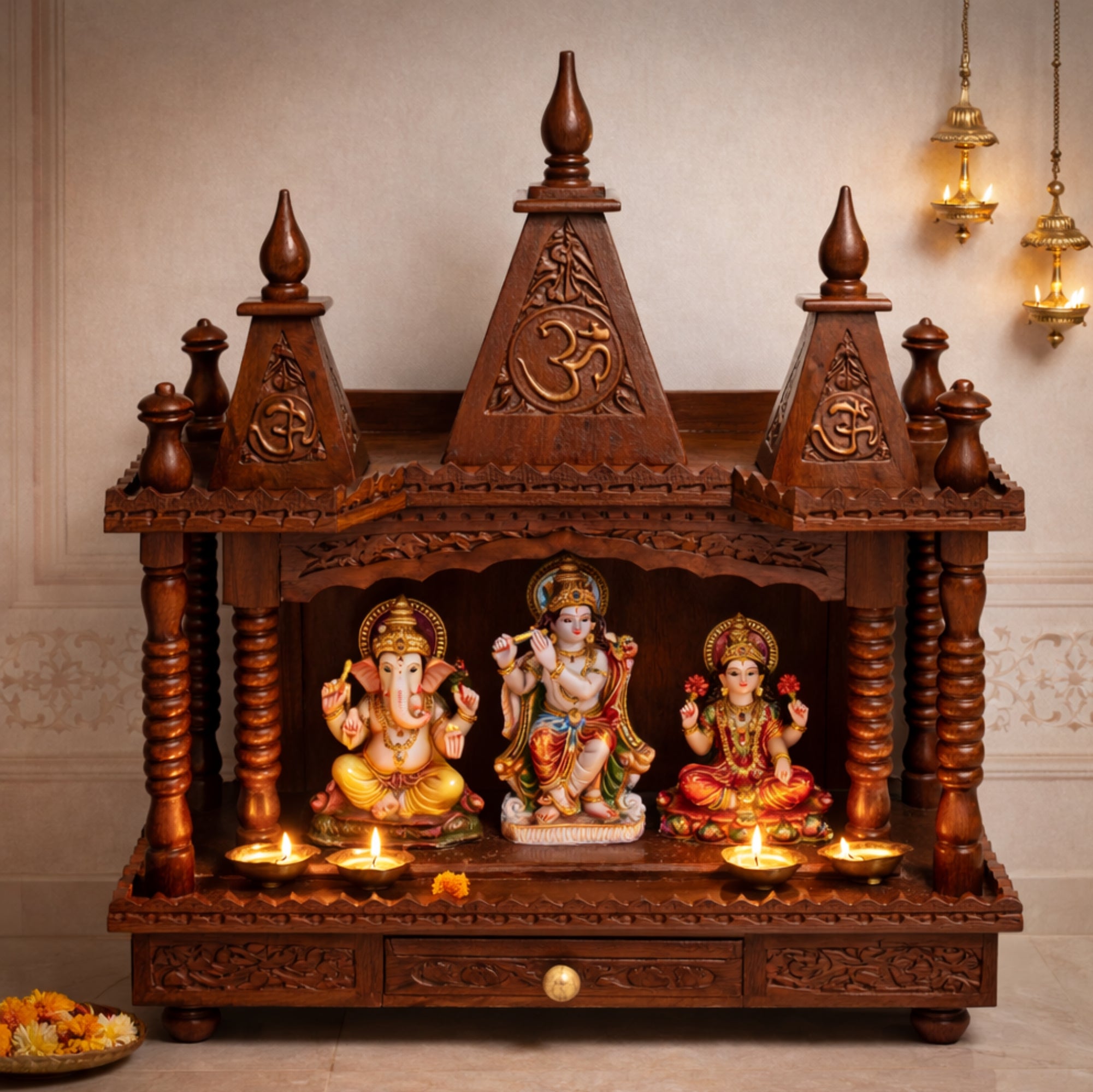 Trident Temple 24 – Handcrafted Solid Wood Pooja Mandir