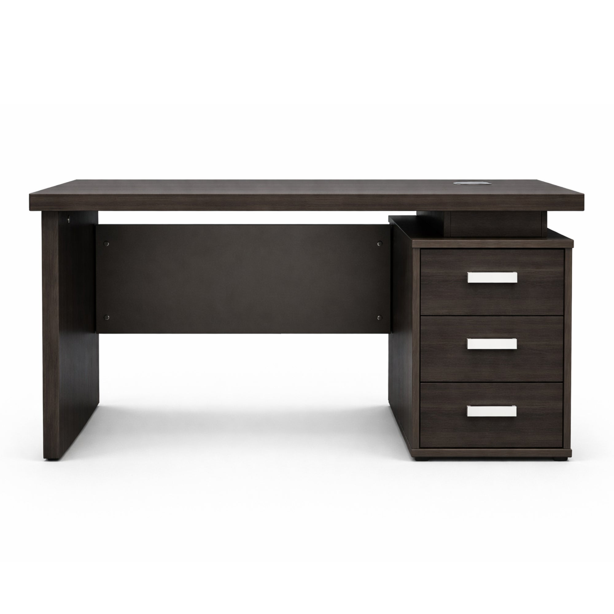 Dark wood office desk with drawers on a white background