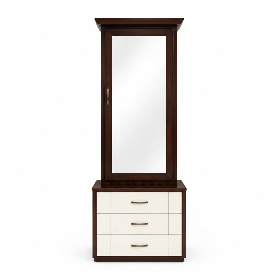 Wooden cabinet with mirror and drawers on a white background