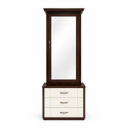 Wooden cabinet with mirror and drawers on a white background