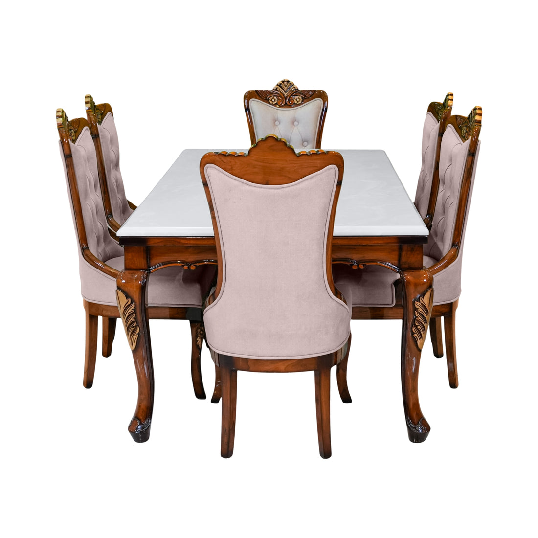 Ellipse Marble 6-Seater Dining Table Set  Solid Wood Table with Upholstered Chairs