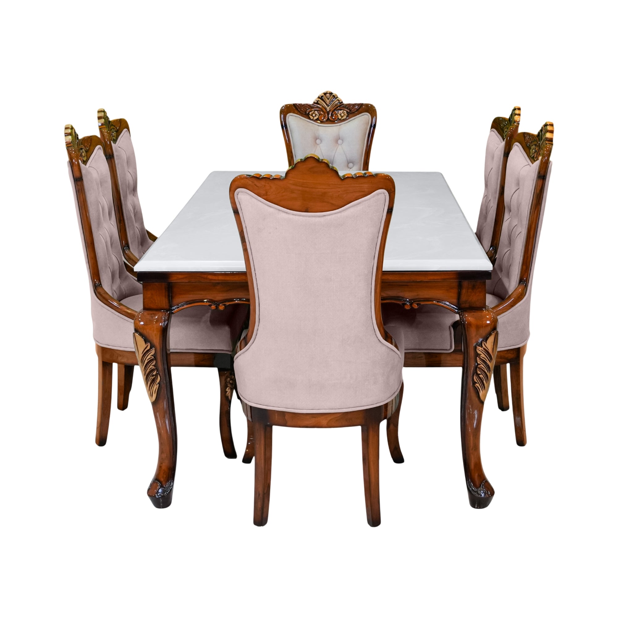 Ellipse Marble 6-Seater Dining Table Set – Solid Wood Table with Upholstered Chairs