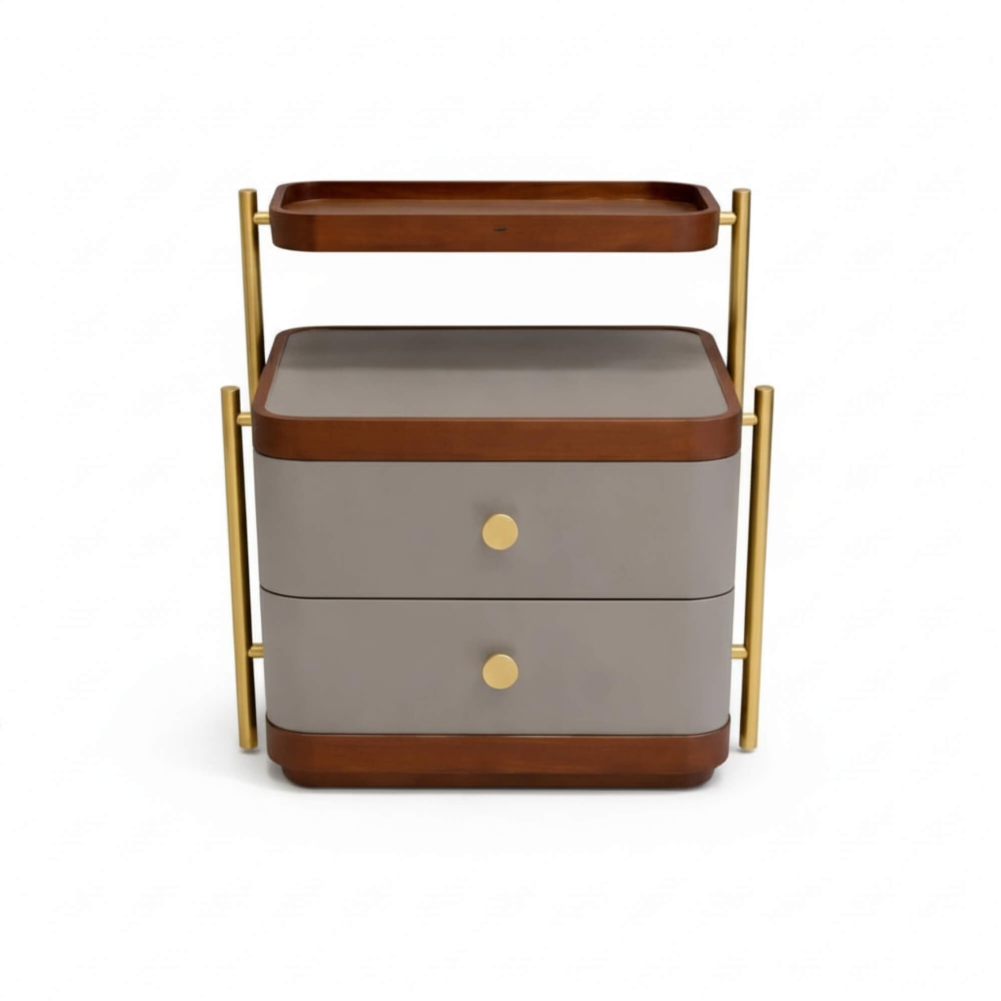 Two-tiered serving cart with wooden accents and gold handles on a white background