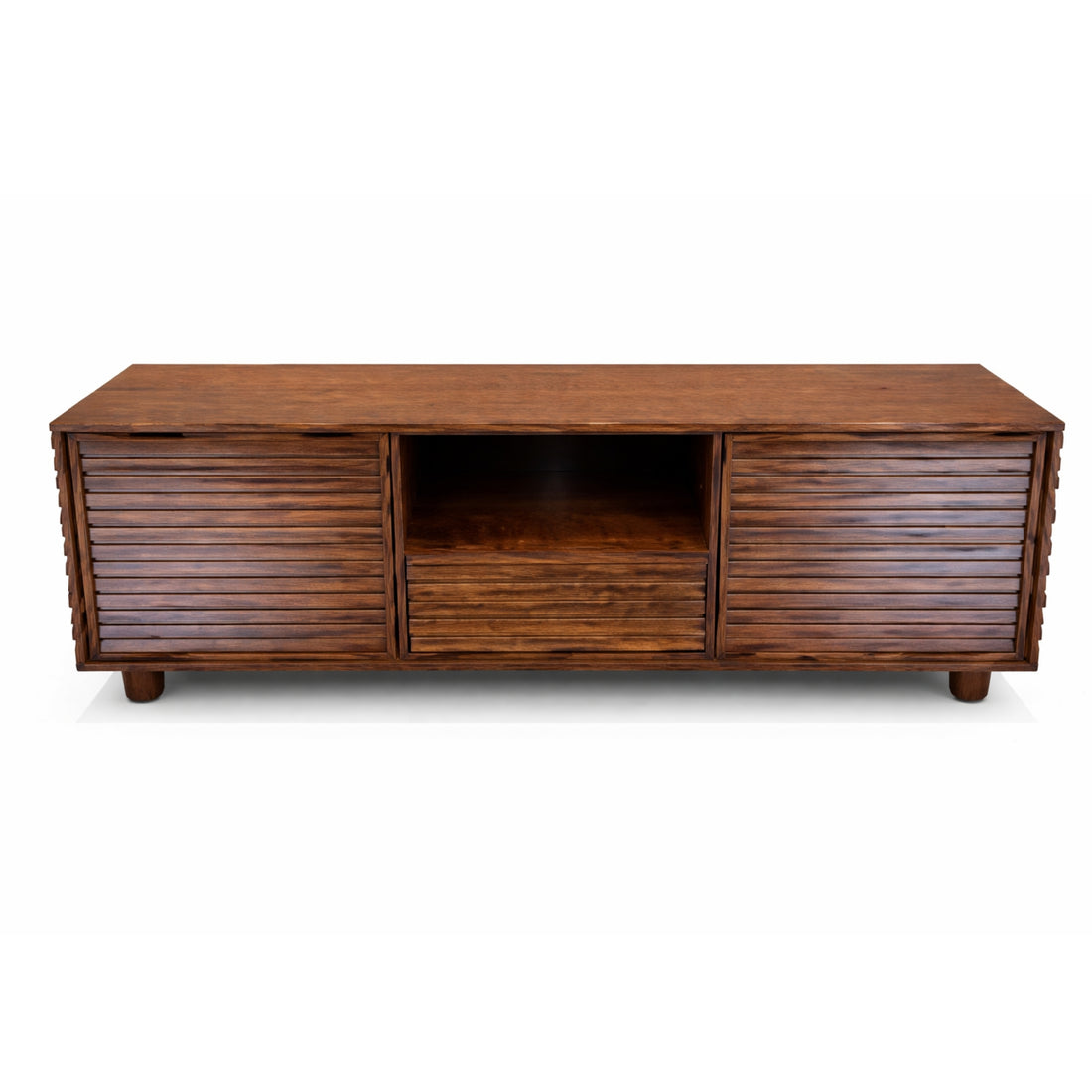 Wooden entertainment console with slatted doors on a white background