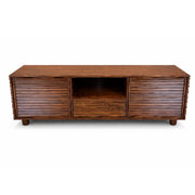 Wooden entertainment console with slatted doors on a white background