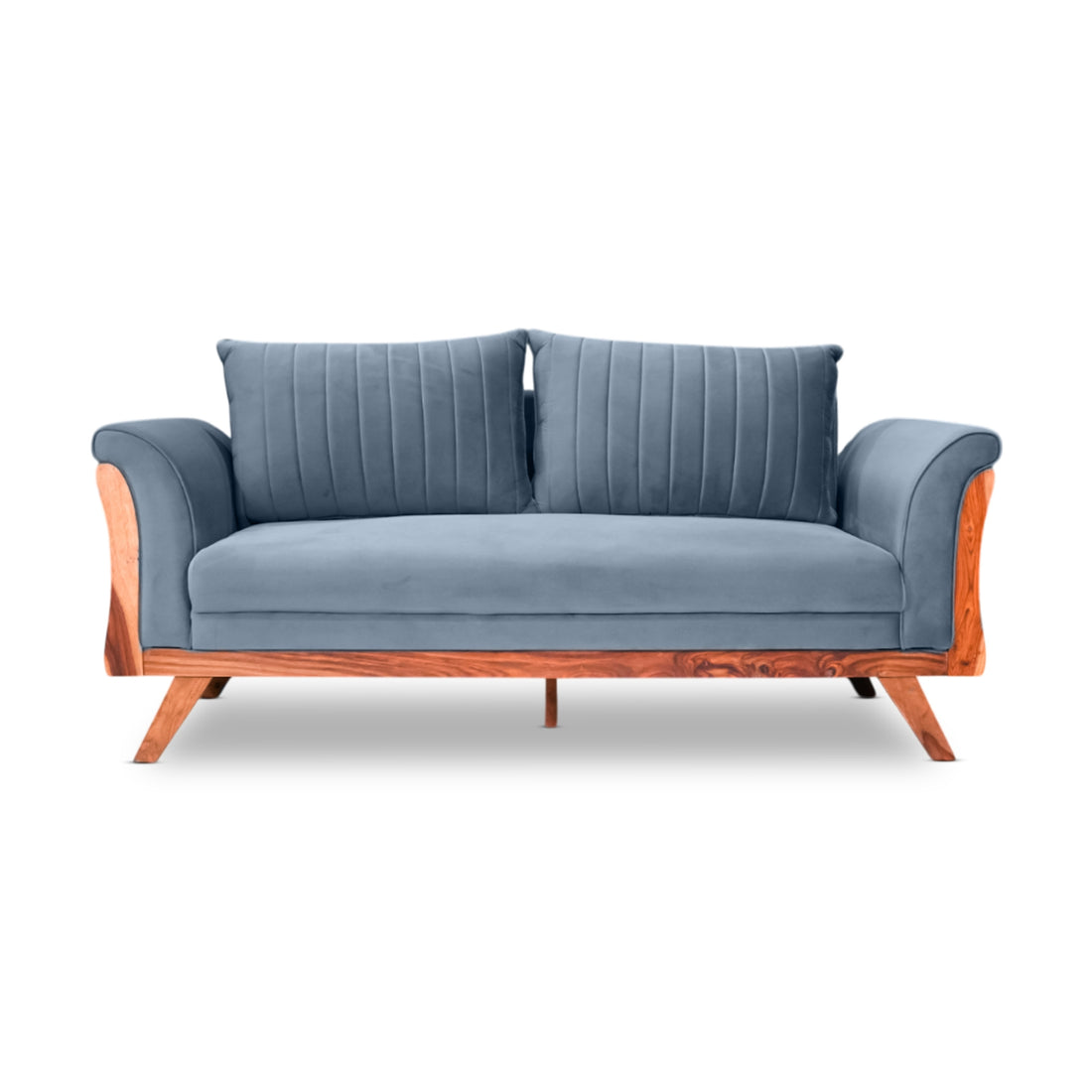 Gray sofa with wooden frame on a white background
