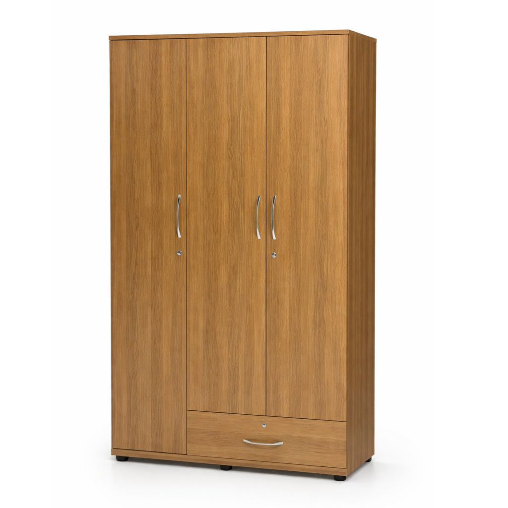 Wooden wardrobe with three doors and a drawer on a white background