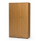 Wooden wardrobe with three doors and a drawer on a white background