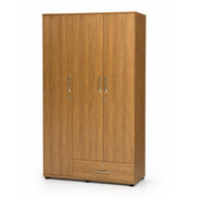 Wooden wardrobe with three doors and a drawer on a white background