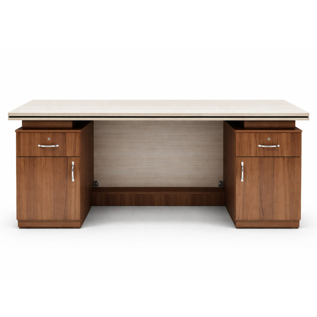 Wooden desk with a white top on a white background