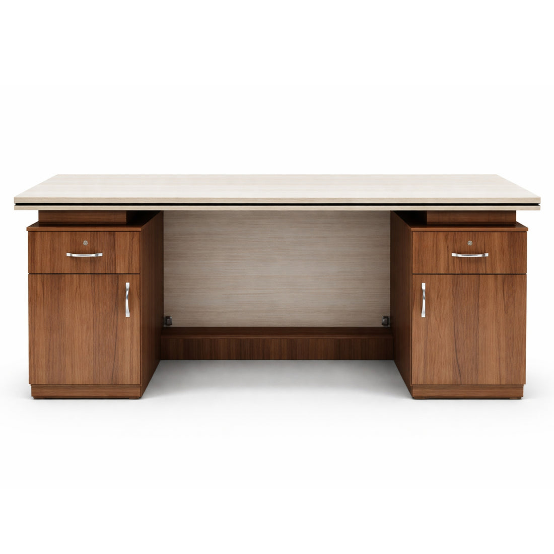 Wooden desk with a white top on a white background
