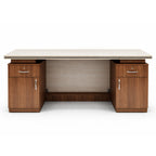 Wooden desk with a white top on a white background