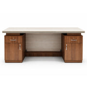 Wooden desk with a white top on a white background