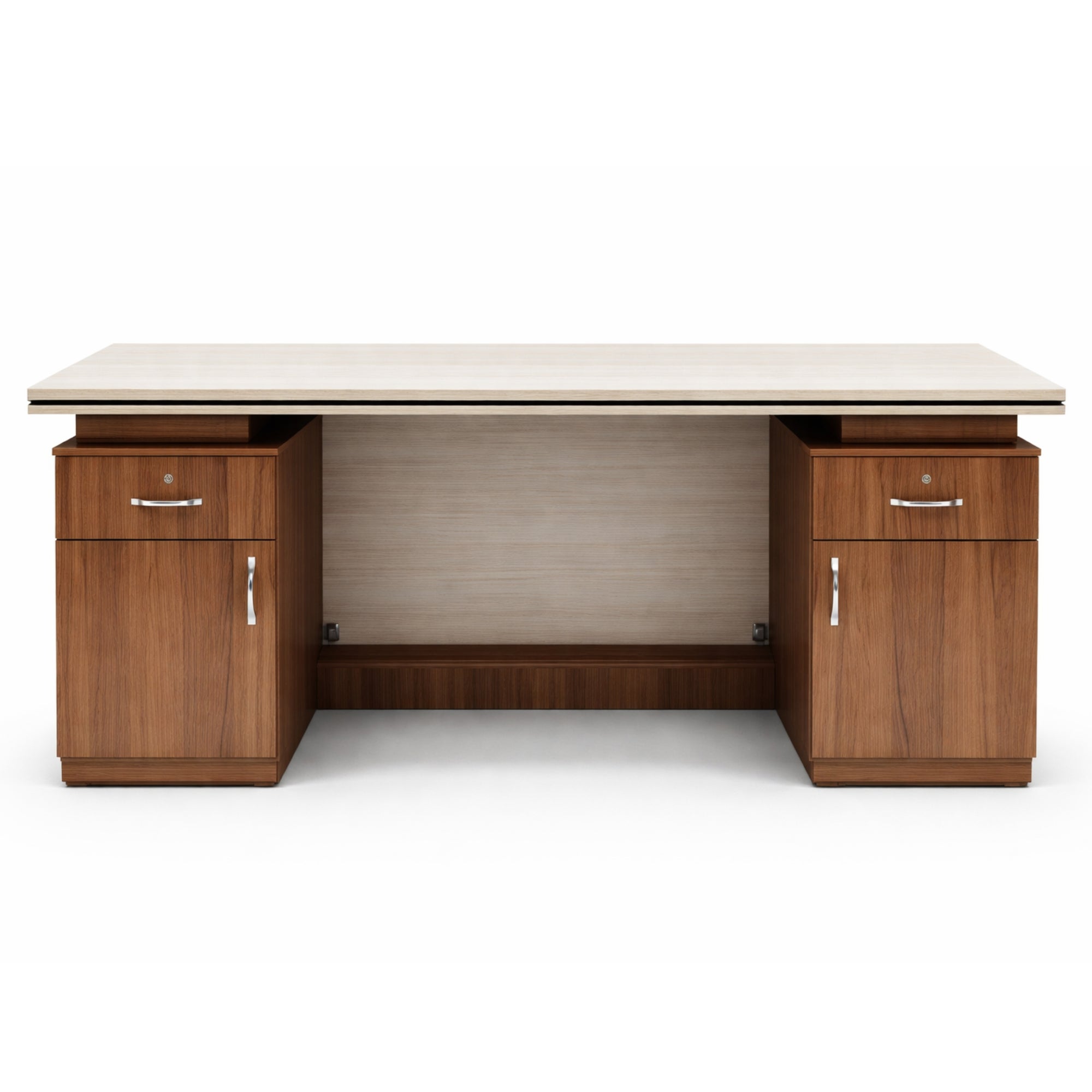 Wooden desk with a white top on a white background