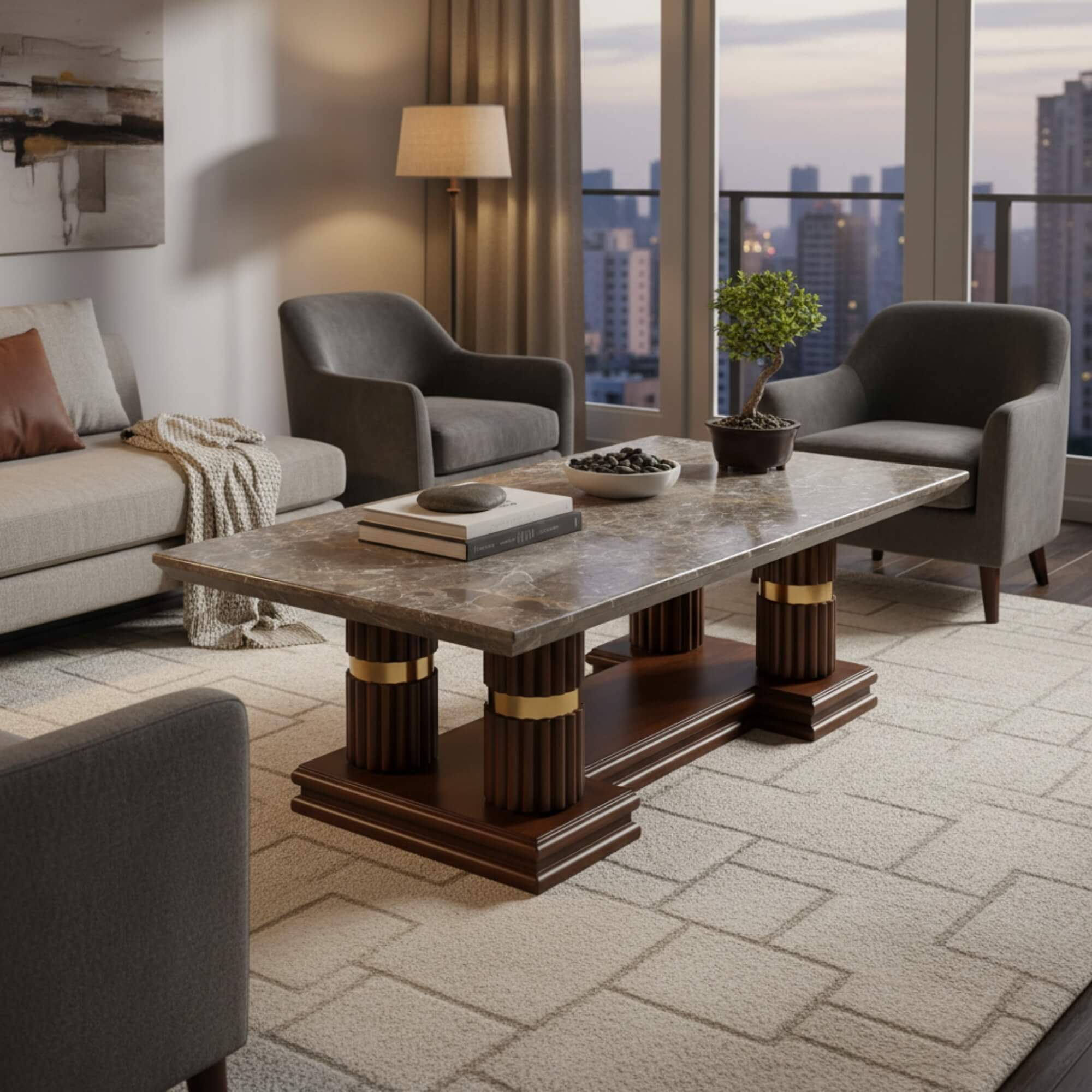 Lozenge Marble Coffee Table – Sculpted Elegance with Timeless Detailing