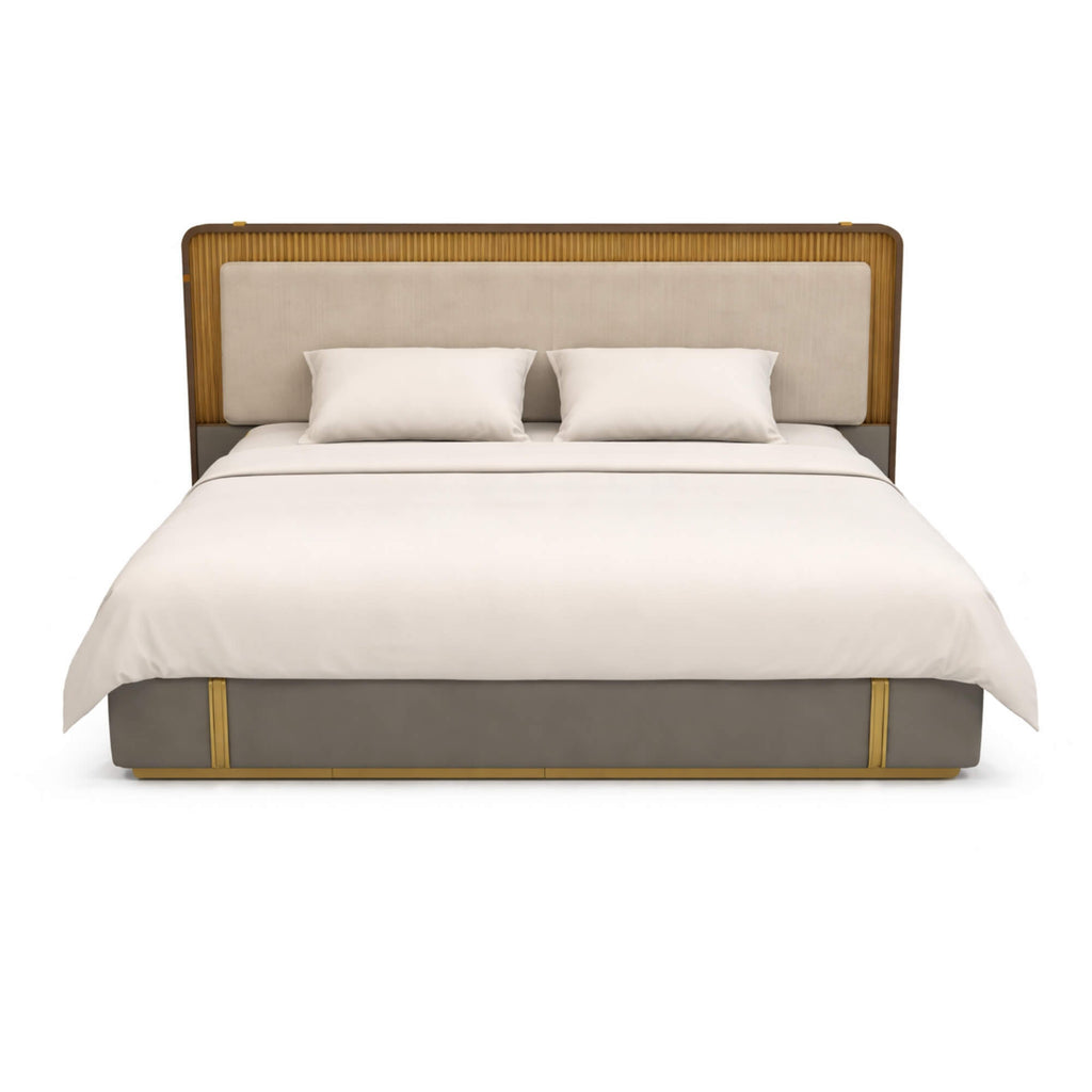 Bed with beige headboard and bedding on a white background