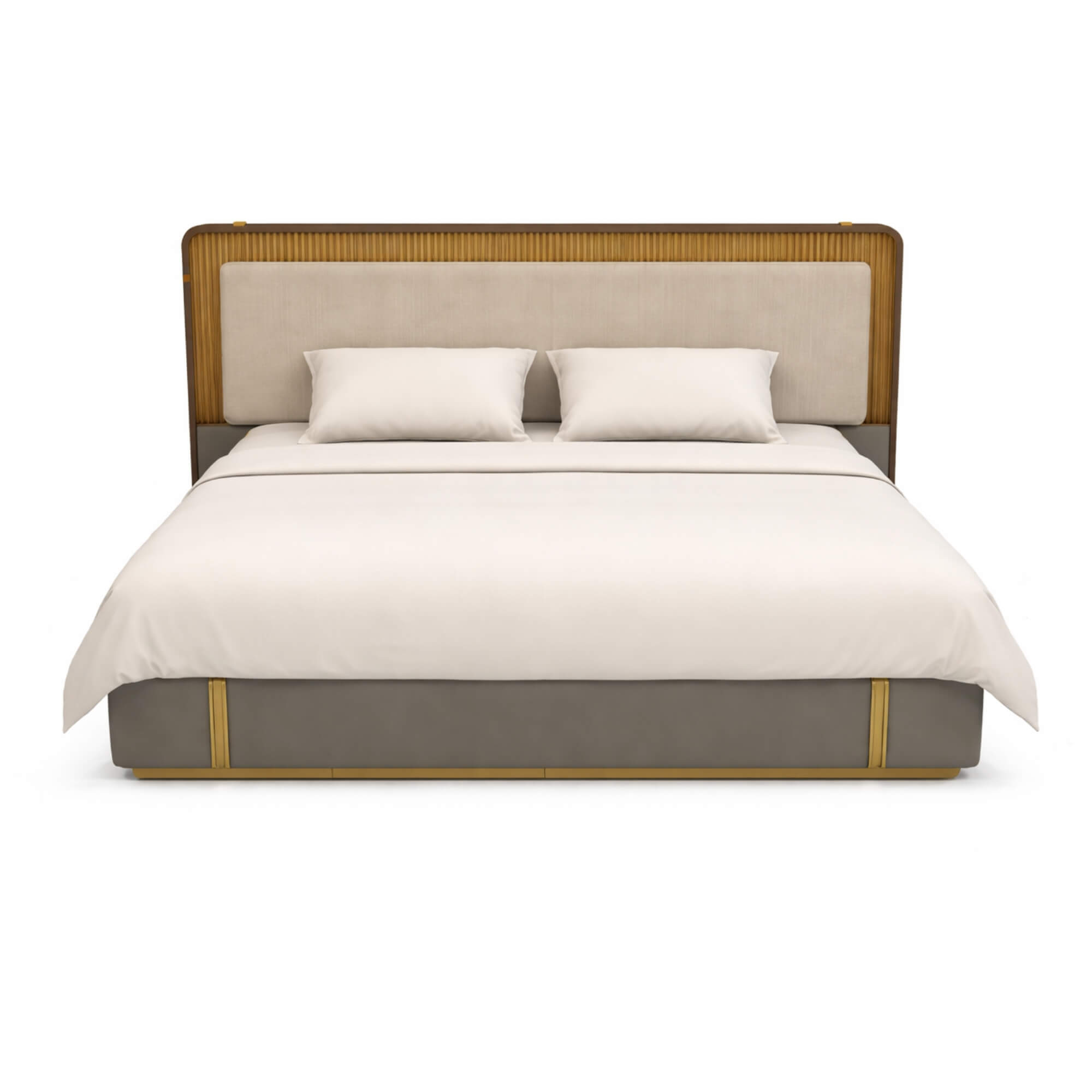 Bed with beige headboard and bedding on a white background