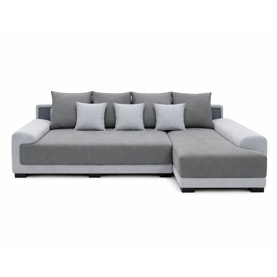 Gray sectional sofa with cushions on a white background