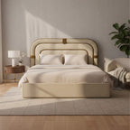 Rustic King Bed With Storage – Upholstered Frame with Statement Layered Headboard