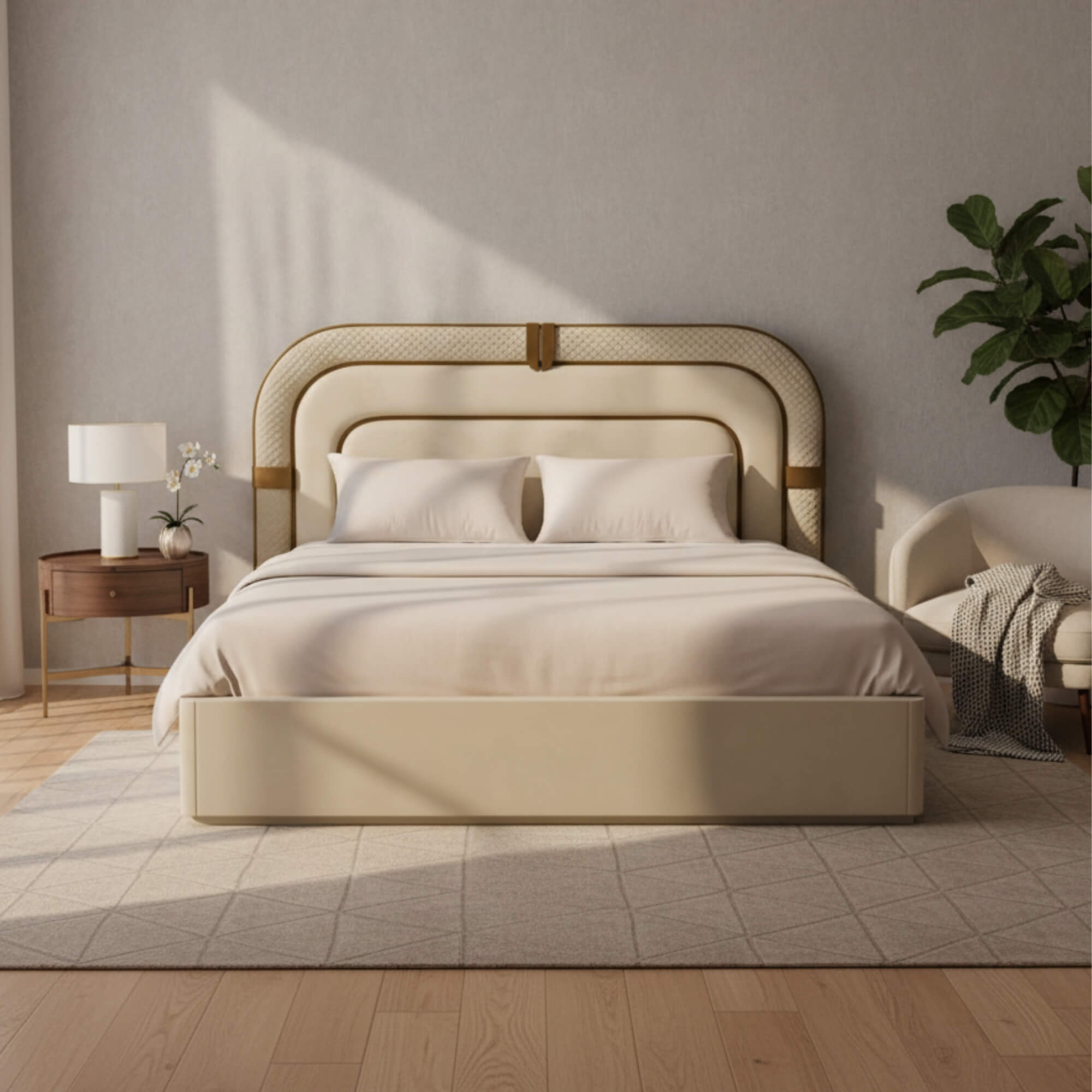 Rustic King Bed With Storage – Upholstered Frame with Statement Layered Headboard