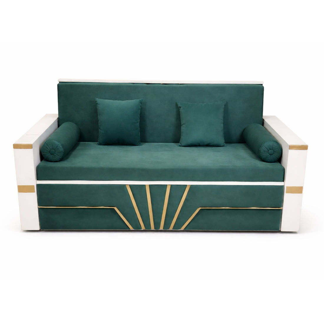 Green sofa with gold accents on a white background