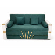 Green sofa with gold accents on a white background
