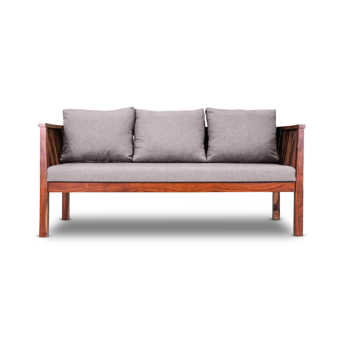 Wooden sofa with gray cushions on a white background