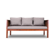Wooden sofa with gray cushions on a white background