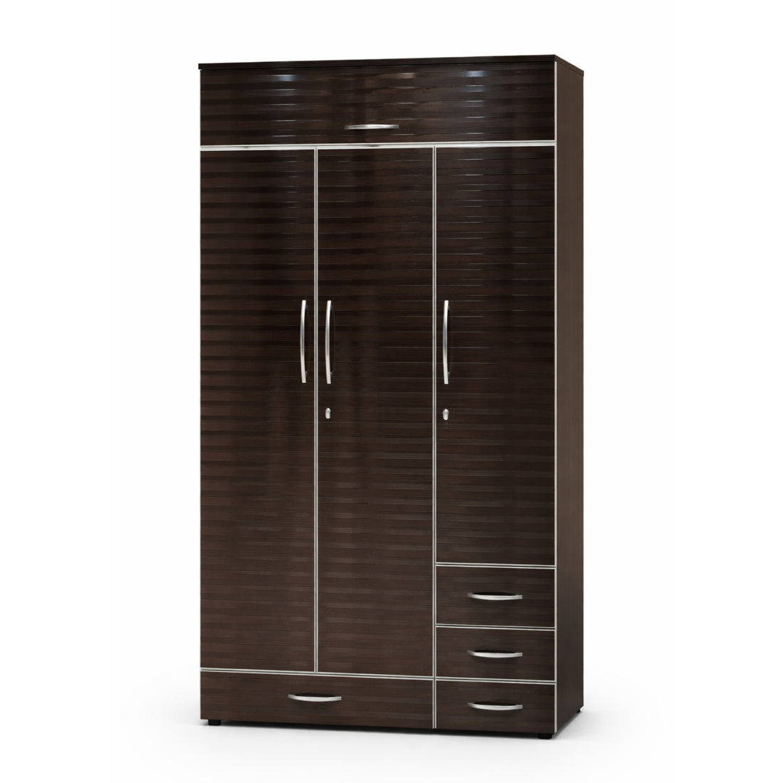 Dark brown wardrobe with three doors and two drawers on a white background
