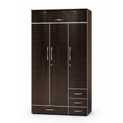 Dark brown wardrobe with three doors and two drawers on a white background