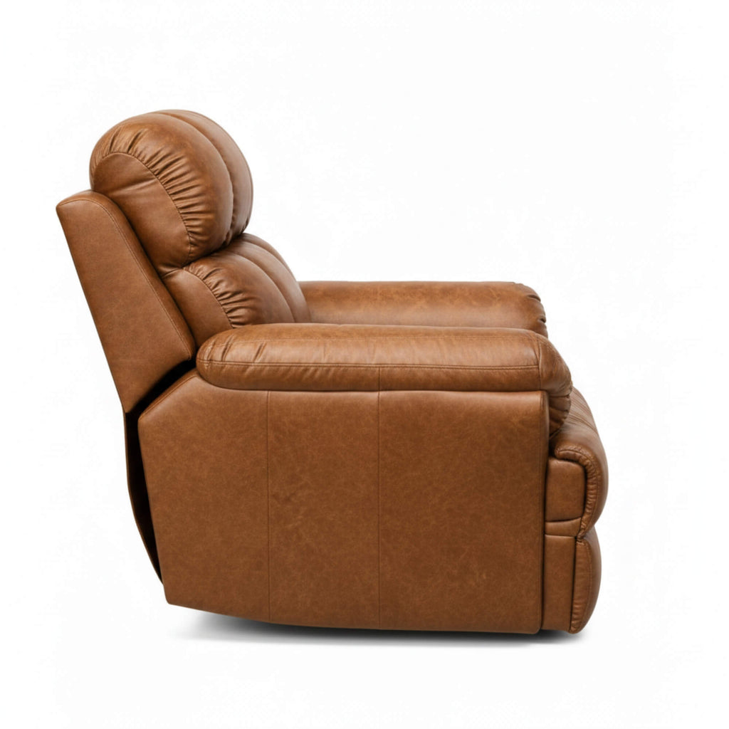 Close side view of tan brown power recliner upholstery | qivly:v1:h:c093d721db29424a21a85e2ad2b27930