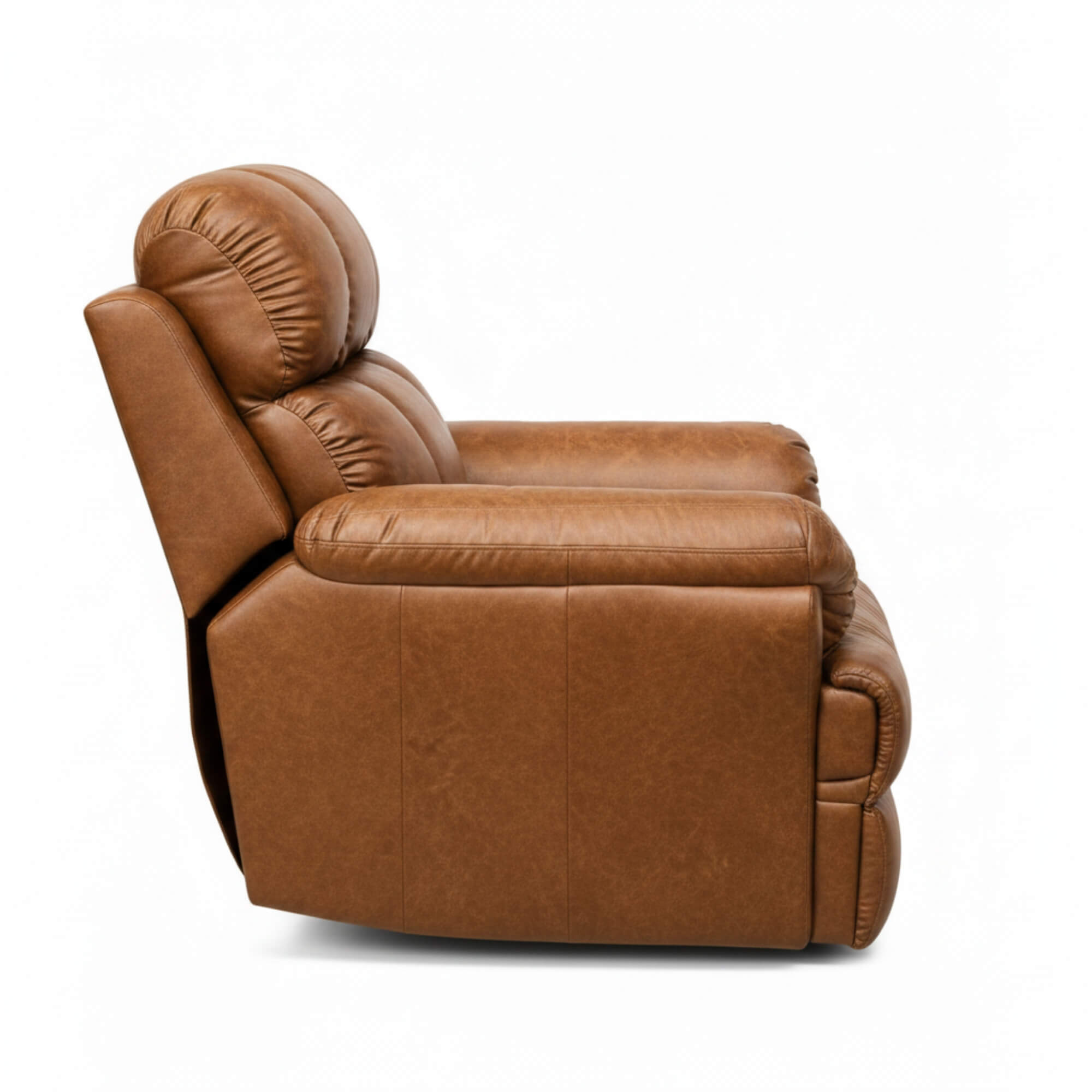 Close side view of tan brown power recliner upholstery | qivly:v1:h:c093d721db29424a21a85e2ad2b27930