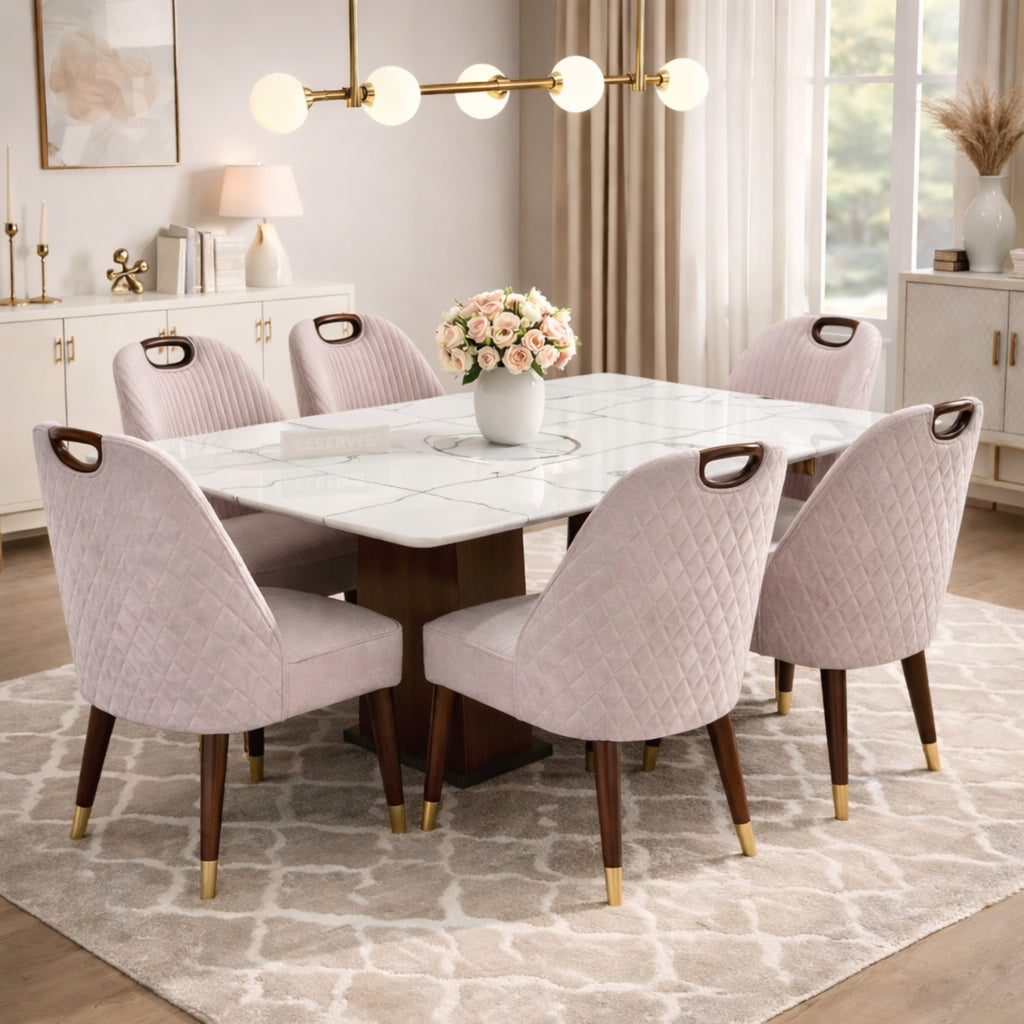 Marble 6-Seater Dining Table Set with Urban Chairs – Solid Wood & Marble