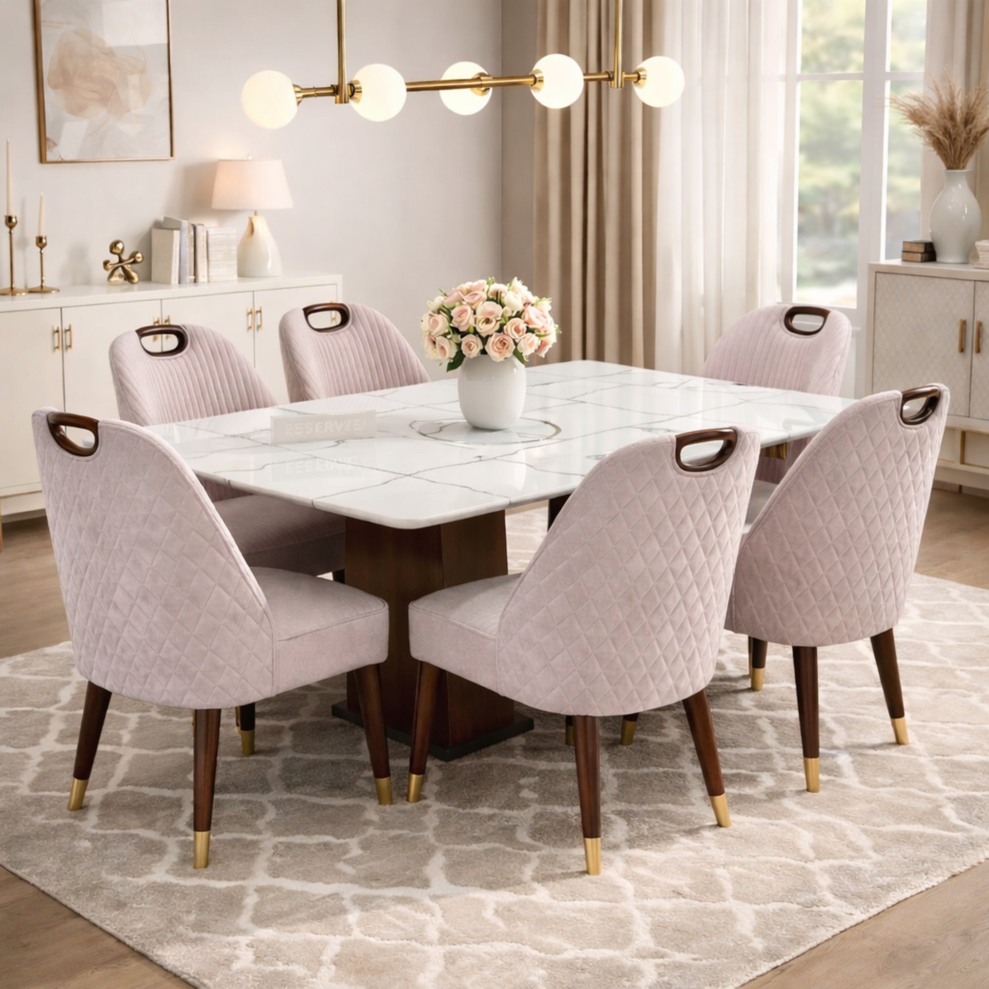 Marble 6-Seater Dining Table Set with Urban Chairs – Solid Wood & Marble