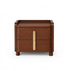 Wooden nightstand with two drawers and a gold handle on a white background