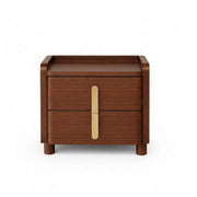 Wooden nightstand with two drawers and a gold handle on a white background