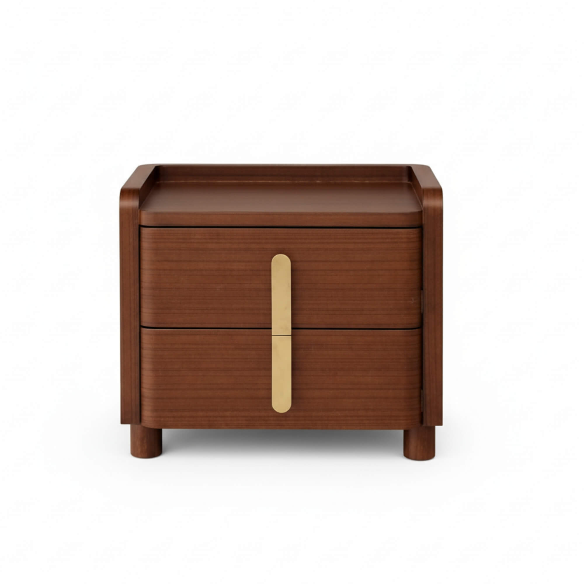 Wooden nightstand with two drawers and a gold handle on a white background