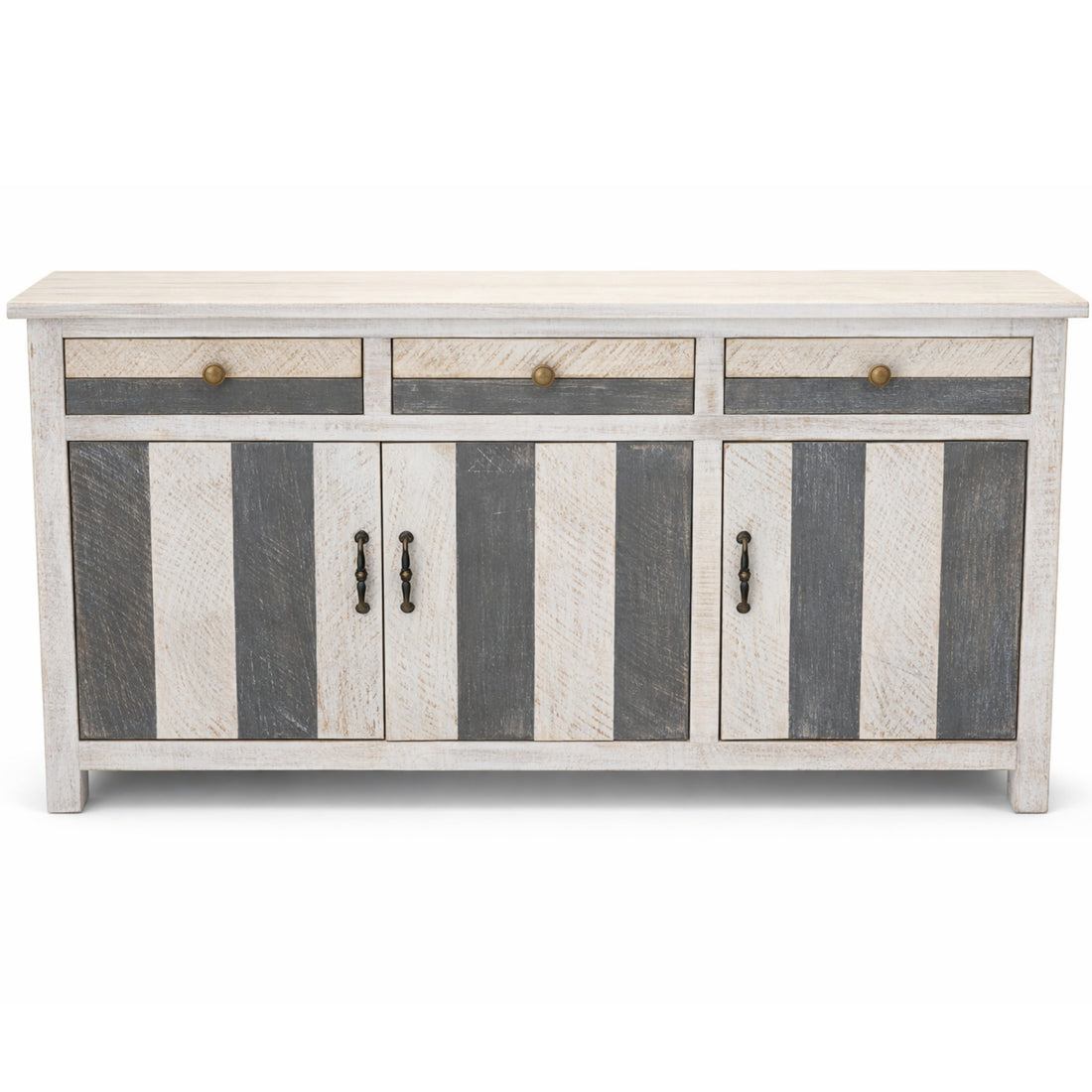 Wooden sideboard with striped design on a white background