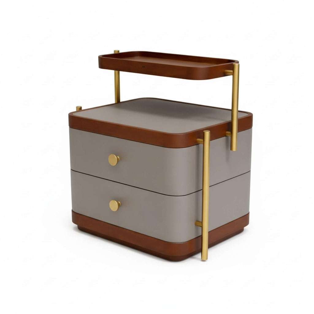 Two-tiered serving cart with wooden accents on a white background
