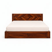 Wooden bed with a white mattress on a white background