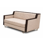 Beige sofa with quilted design and dark brown frame on a white background