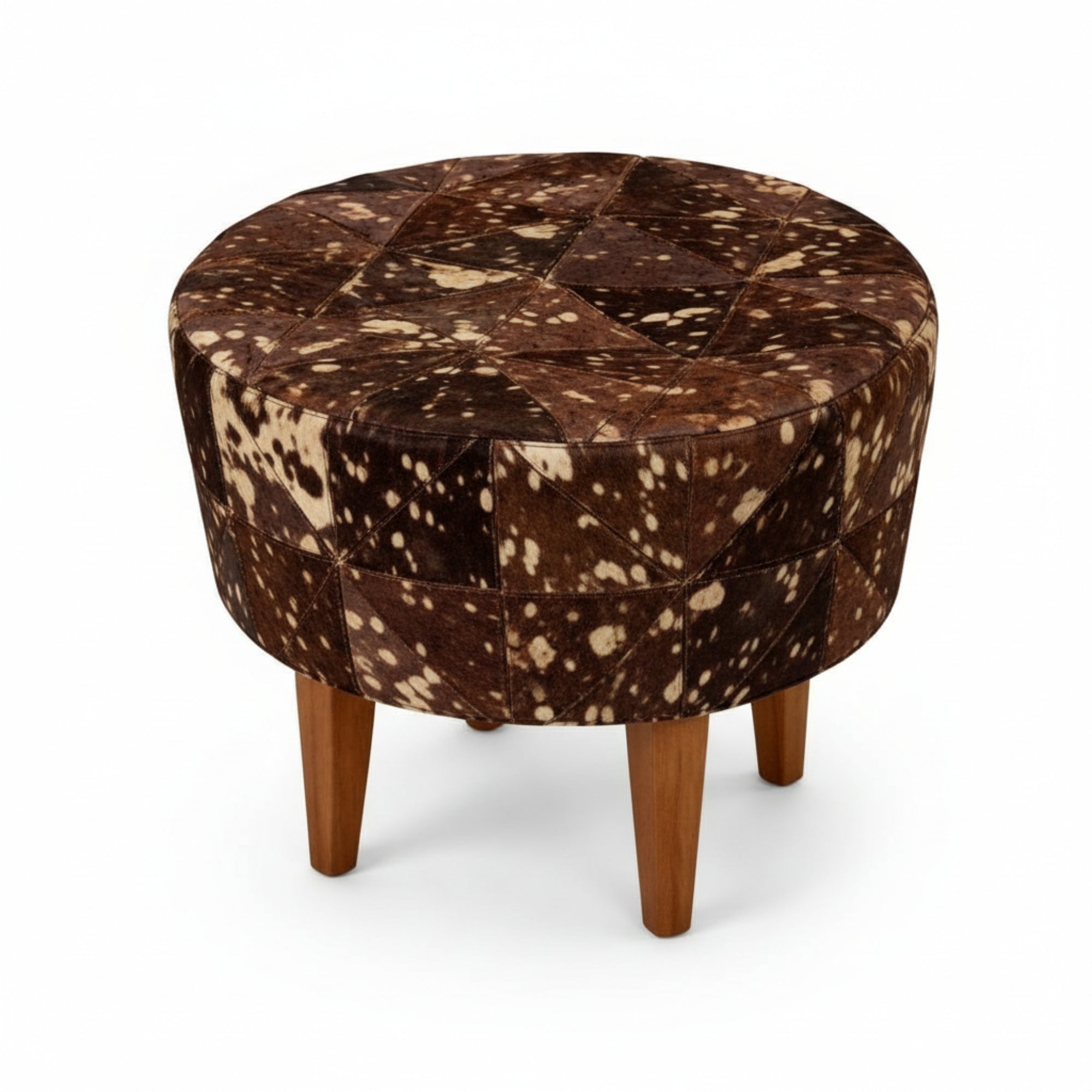 Round ottoman with brown and white patchwork pattern on a white background
