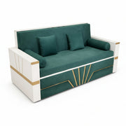 Green sofa with white and gold accents on a white background