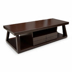 Dark brown TV stand with multiple drawers on a white background