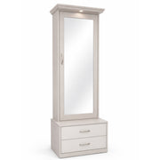 White tall cabinet with a mirror on a white background
