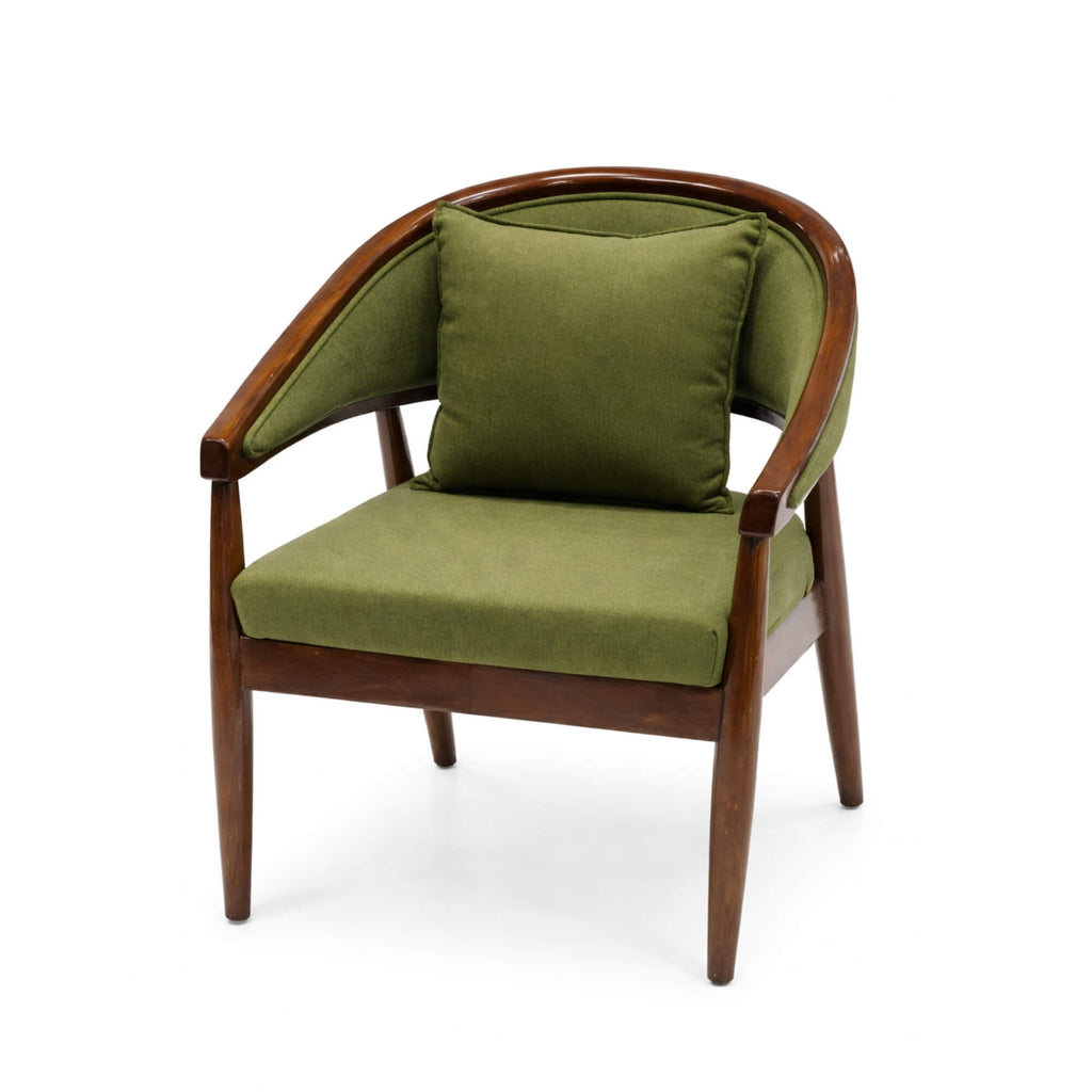 Green armchair with wooden frame on a white background