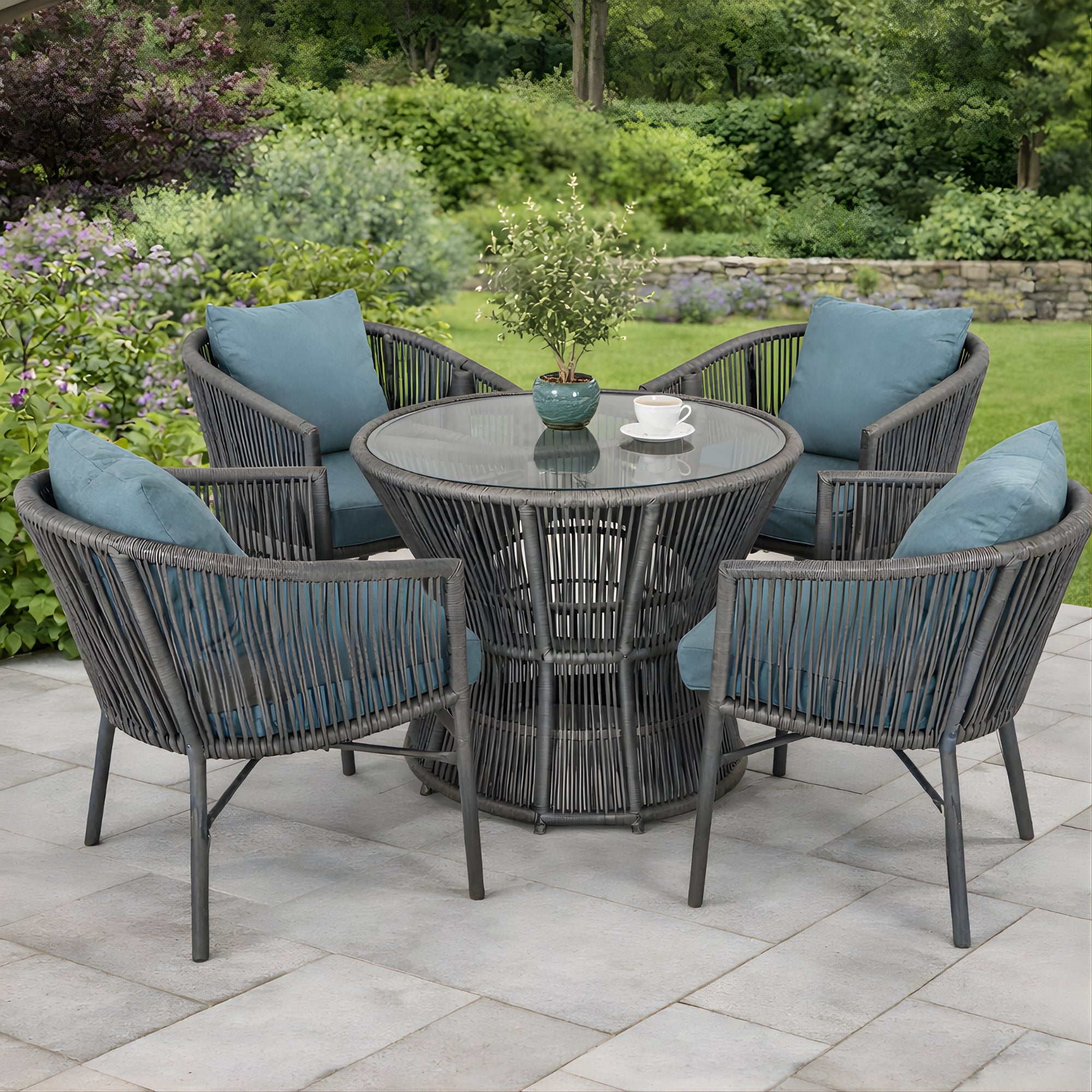 Milano Garden Furniture Set - 4 Chairs with Round Glass Top Table
