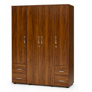Wooden wardrobe with multiple doors and drawers on a white background