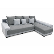 Gray sectional sofa with cushions on a white background