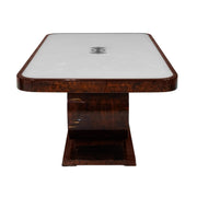 Conch marble dining table with walnut base, angled view